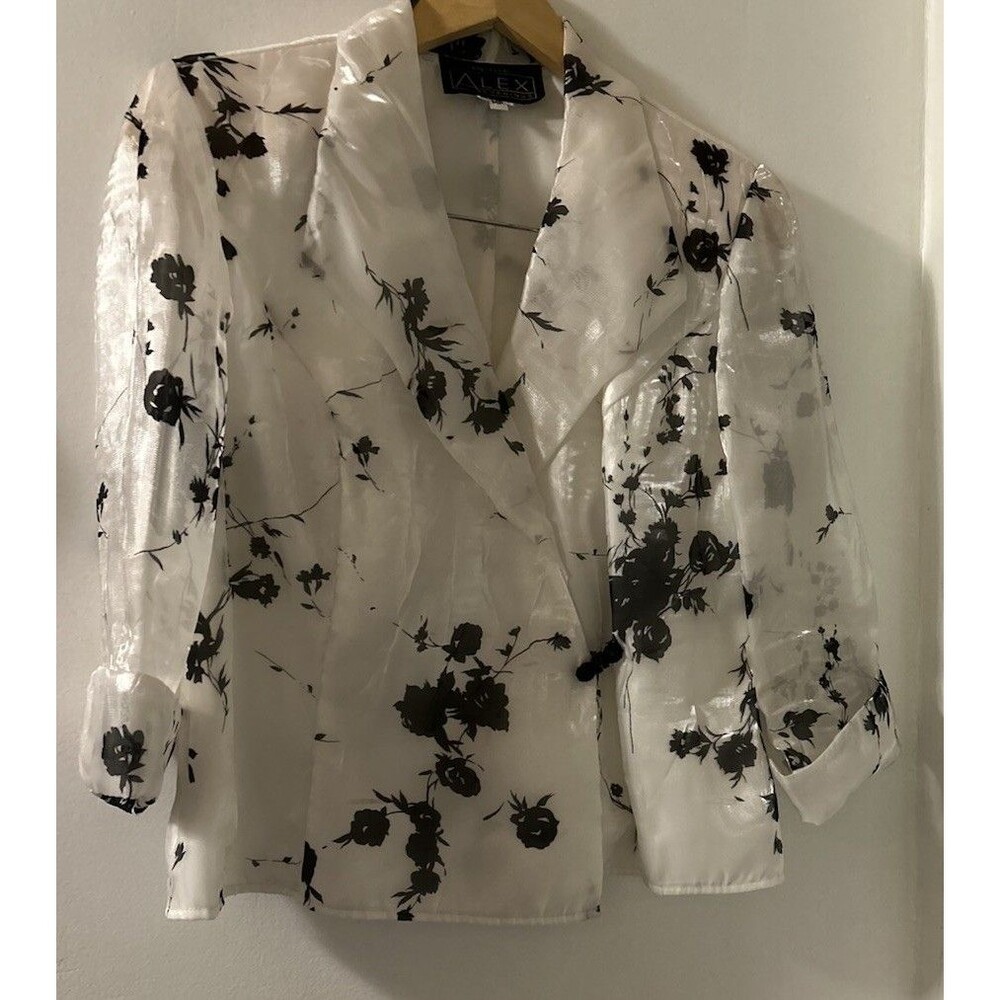 Alex Evenings Women's Petite Shiny White/Black Floral Chiffon Lined Jacket SZ MP